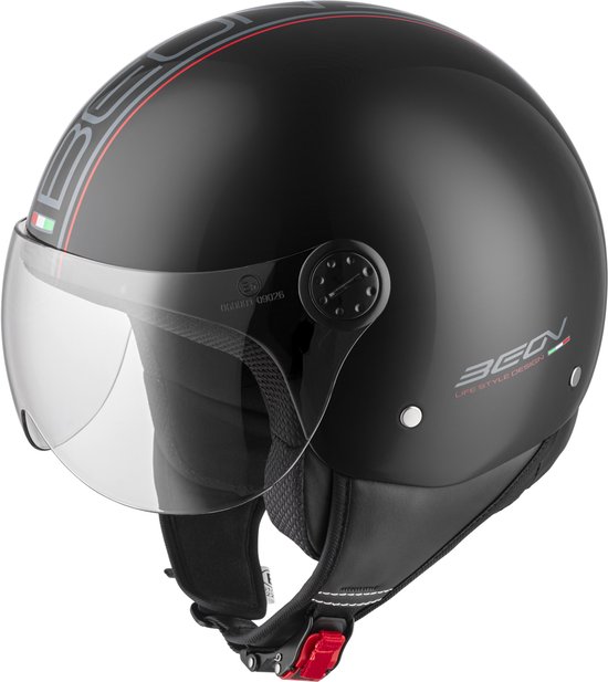 Zwarte jethelm met doorzichtig vizier, rode en grijze strepen en het 'BEON LIFE STYLE DESIGN' logo.