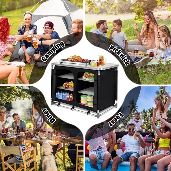 Thuys -Campingkeuken – Kampeerkeuken Met Aluminium frame En Opbergtas - Camping Keuken Met Kooktafel – Campingkast - Opvouwbaar - Zwart — afbeelding 4