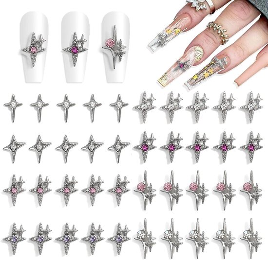 Allecto Plus - 40 stuks 3D-sterren nagelbedels voor acrylnagels - Glanzende kristallen ster nageledelstenen - Stervormige nagelstrass voor vrouwen en meisjes - Zilverkleurig - Nagelkunstbenodigdheden