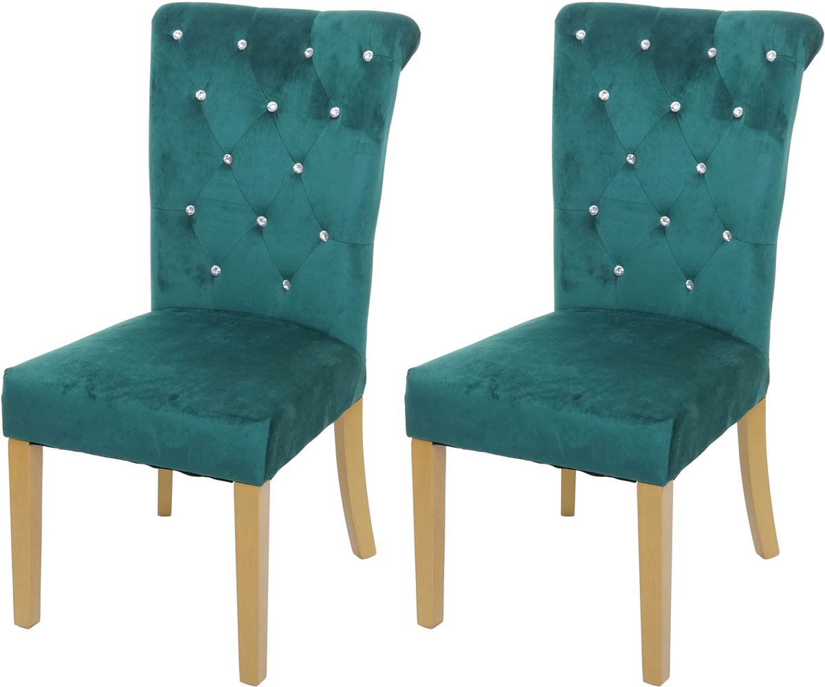 MCW Set van 2 eetkamerstoelen MCW-D22, keukenstoel, fluweel met noppen ~ donkergroen, goudkleurige poten