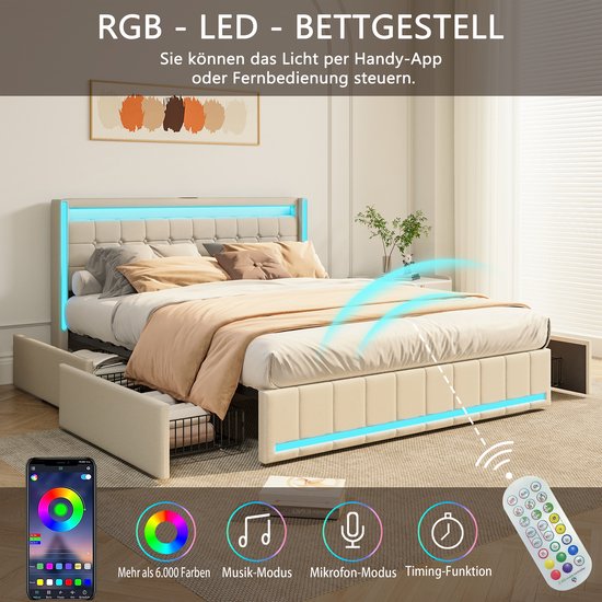 Gestoffeerd bed 160 x 200 cm, gevoerd zweefbedframe met ledlampen en hoofdeindedesign, plat tweepersoonsbed logeerbed in huidvriendelijk linnen ( grijs