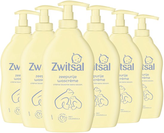 Zes flacons Zwitsal zeepvrije wascrème met pompdispenser, crème van kleur met blauwe opdruk.