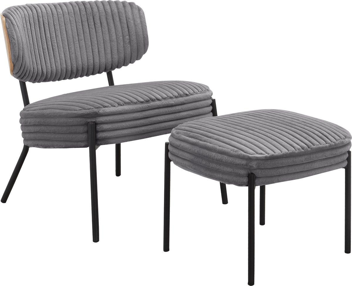 Notio Living Jerry-Loungestoel & Hocker - Grijs Stof