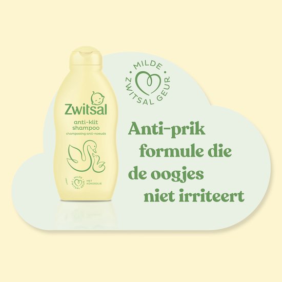 Fles Zwitsal anti-klit shampoo met zwaan en kuiken. "Anti-prik formule die de oogjes niet irriteert".