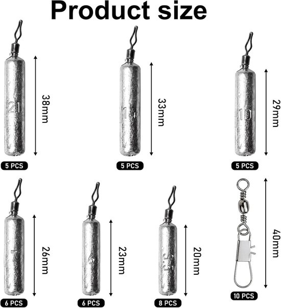 Allecto Plus - Visgewichten set met drop shot rig en hengel wervels - 35 stuks visaccessoires voor drop shot vissen - 6 maten tot 21 g — afbeelding 2