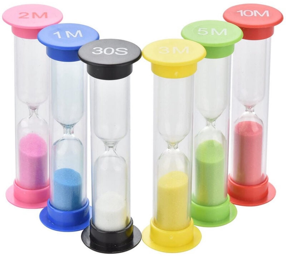 TOVBMUP 6 Stuks Eierklokken - Zandlopers - 30sec 1min 2min 3min 5min 10min - Multifunctioneel en Veilig Ontwerp - Geschikt voor Keuken Koken Timing en Speelactiviteiten - Plastic en Glas - 8.6x2.5x1.6cm
