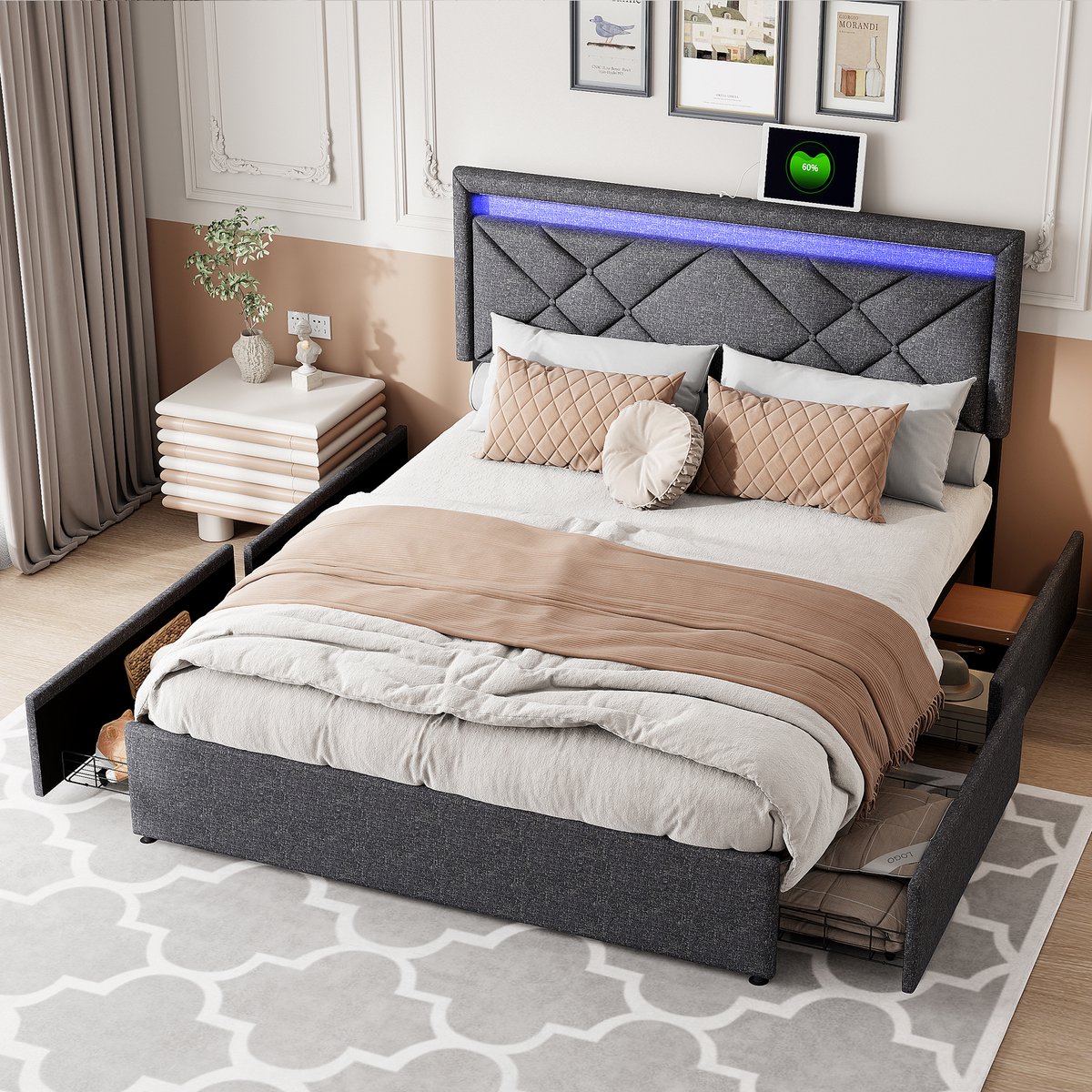 Gestoffeerd bed 160x200 cm met LED en USB, tweepersoonsbed Opbergbed met lattenbodem en 4 laden, bedframe voor volwassenen en tieners, zonder matras, linnengrijs