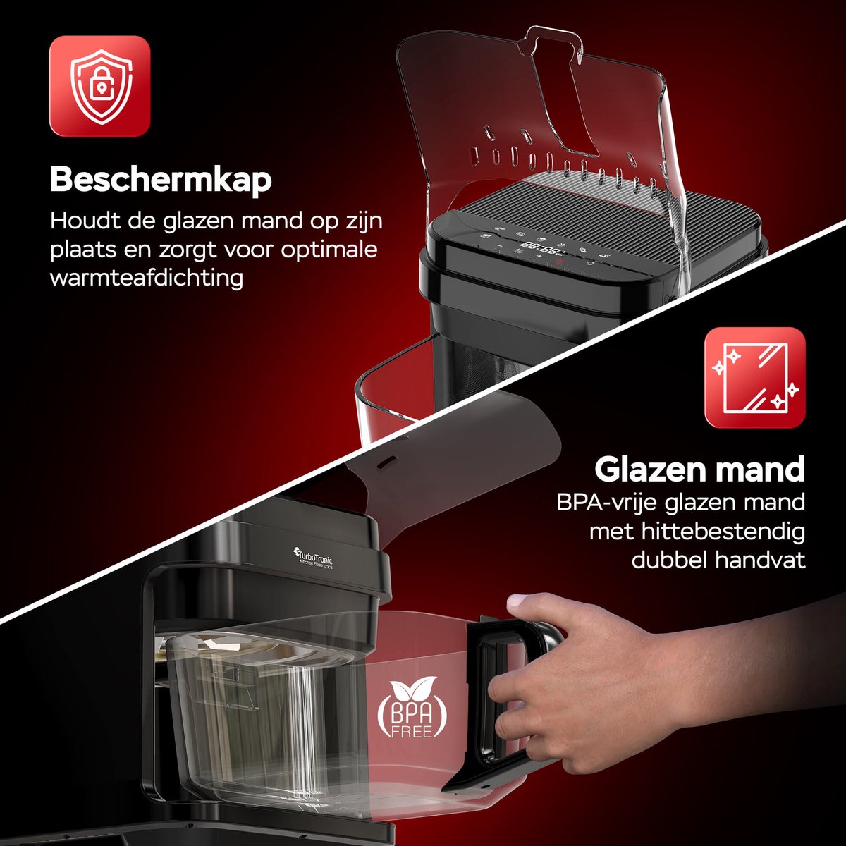 Turbotronic AFG5 Airfryer XXL met glazen bak- BPA & PFAS Vrij - 5.5L - Heteluchtfriteuse - Dual Heating - 40ºC tot 200ºC - 8 Kookprogramma's - Zwart — afbeelding 4