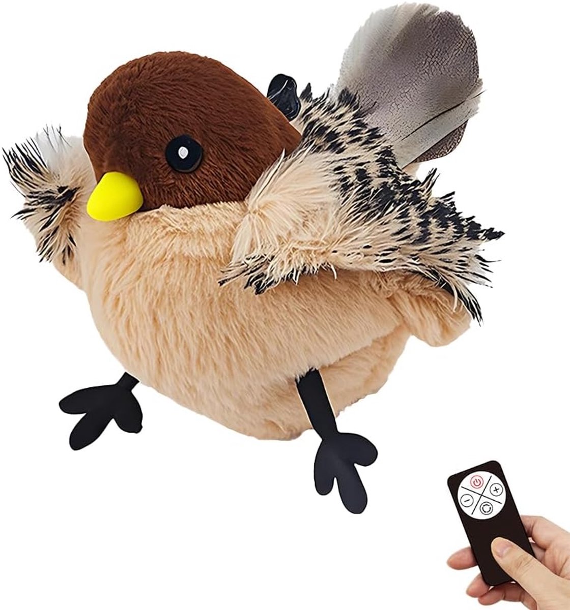 Tjilpende vogel kattenspeelgoed, klapperende vleugels, pluche kattenspeelgoed, USB oplaadbaar vogelspeelgoed voor katten, interactief kattenspeelgoed met afstandsbediening, stimuleert jachtinstincten