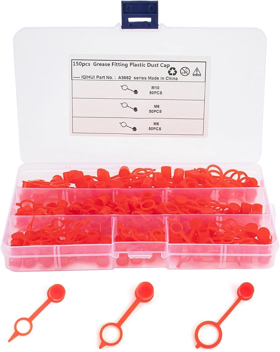 Pack of 150 Lubrication Nipples - Plastic Lubrication Nipples Assortment - Protective Caps with Storage Box for Cars - Motorcycles - Trucks - M6/M8/M10