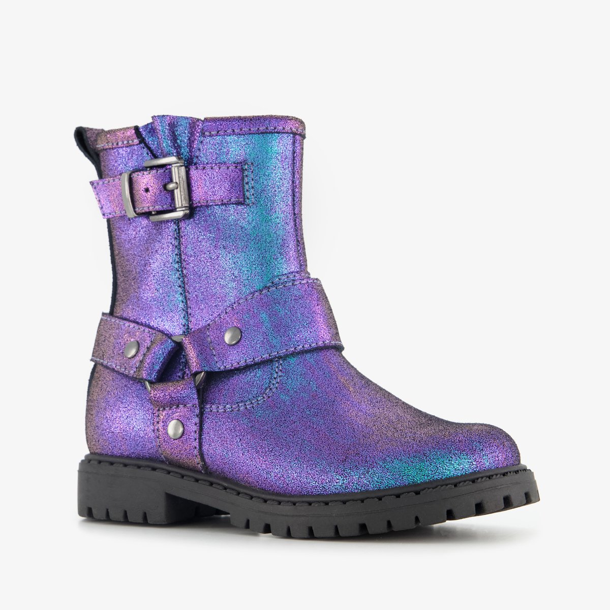 Stap leren meisjes biker boots met glitters paars - Maat 23