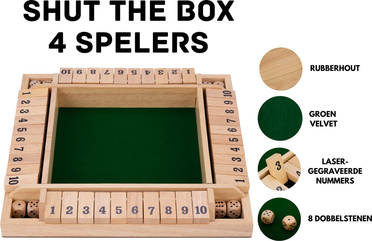 Shut the Box – 4 Spelers – Rubberhouten Bak met Ingelegd Vilt – Inclusief 8 Houten Dobbelstenen – Bordspel 29 x 29 x 3,5 cm – Strategisch Familiespel – Engelhart — afbeelding 2