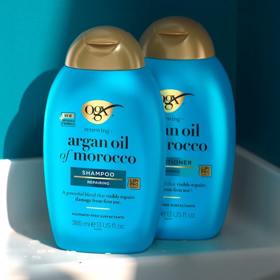 OGX Argan Oil of Morocco Shampoo, Arganolie, Sulfaatvrij, Herstelt Glans & Sterkte, Voor Droog & Futloos Haar, Lichtgewicht Formule, 6x385 ml