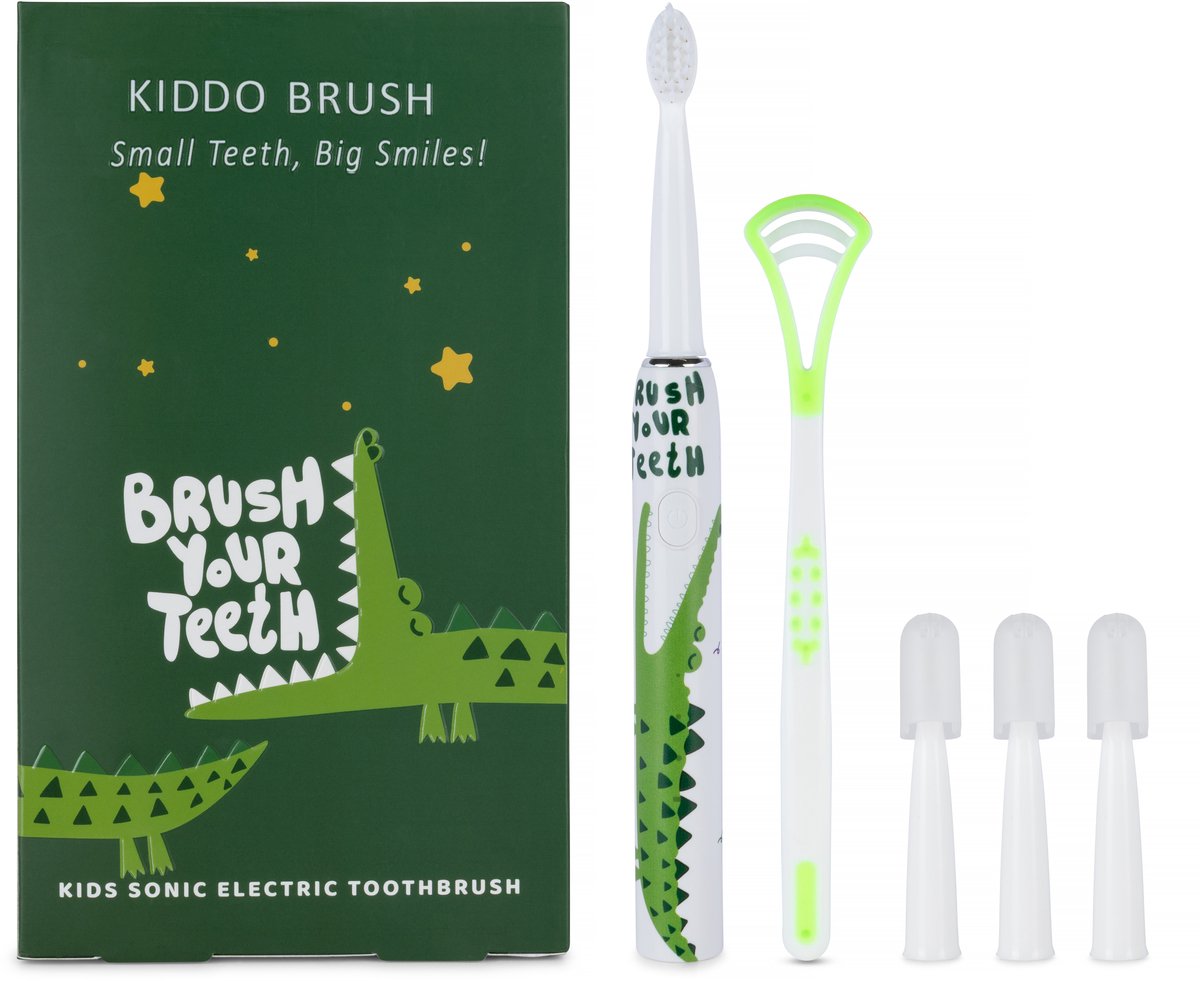 Kiddo Brush Elektrische Tandenborstel voor Kinderen (Vanaf: 3+ jaar) - Inclusief 4 opzetborstels & Tongscraper - 100 dagen batterijduur - Kindertandenborstel geschikt voor kind & peuter - Krokodil