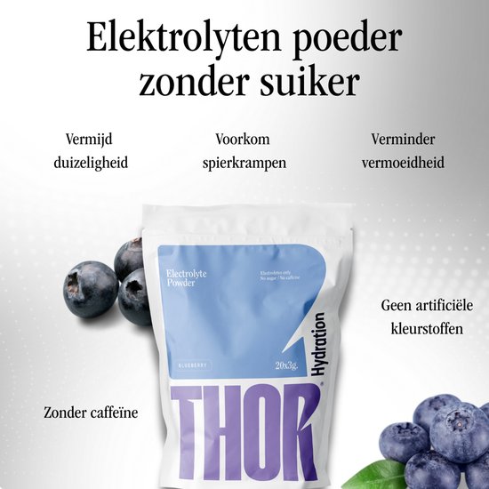 Paars en witte zak 'THOR Hydration Electrolyte Powder Blueberry', 20x3g, met blauwe bessen en waterdruppels.