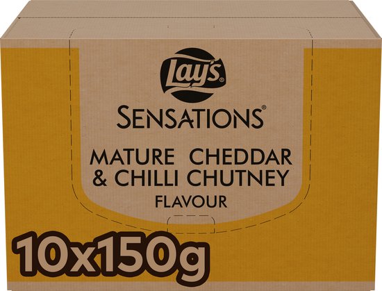 Lay's Sensations Mature Cheddar & Chilli Chutney doos met 10 zakjes chips van 150g.