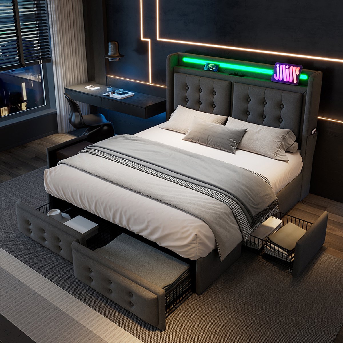 Pugsdrly Beddengoed 180x200, tweepersoonsbed met led-hoofdeinde en USB C-oplaadfunctie en 4 lades, opbergbedden met lattenbodem van hout en metalen frame, draagvermogen 300 kg, grijs, katoen (zonder matras)