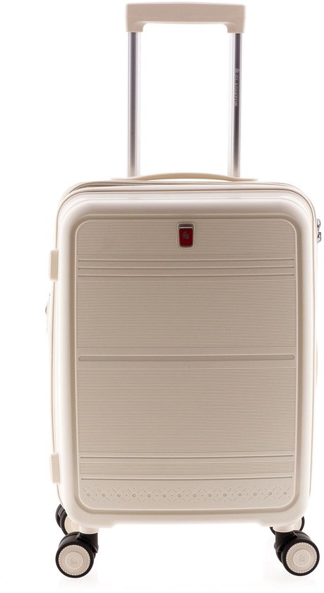 Witte koffer met horizontale ribbels en een decoratieve rand aan de onderkant.