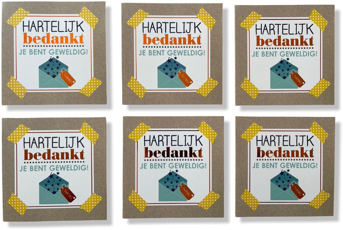 6 Luxe Bedankt kaartjes - 10,8 x 10,8 cm -Bedankt Wenskaarten met enveloppen