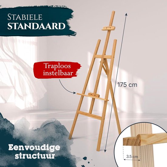 Houten schildersezel van 175 cm hoog, traploos instelbaar en eenvoudig op te zetten. Close-up toont 3,5 cm dik hout.