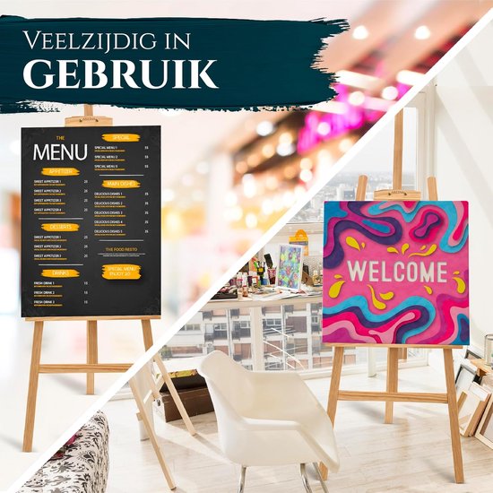 Twee schildersezels. Een met een menu "THE MENU" en de ander met "WELCOME" in felle kleuren.