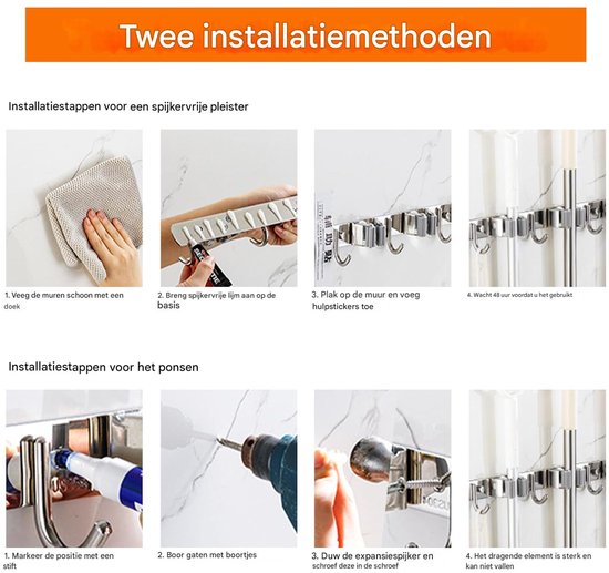 2-stuks bezem- en dweilhouder - Dweilhouder van roestvrij staal - Robuuste bezemhouder van roestvrij staal - 2 planken en 3 haken Dweilhouder - Voor keuken, badkamer, garage en tuin - zilver van Merkloos	 — afbeelding 4