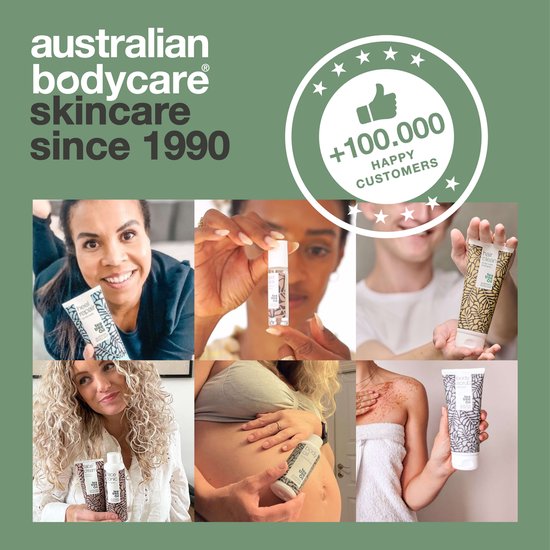Collage met zes foto's van tevreden klanten met Australian Bodycare producten.
