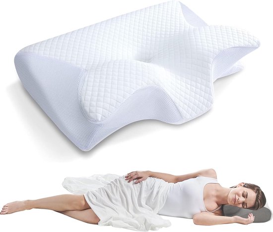 1 artikel - Memory Foam - Cervicaal kussen - 2 in 1 - Ergonomisch contour - Orthopedisch kussen - Voorgevormde ondersteuning - Memory Sleep Pillow - Zero Pressure - Slow Rebound - Memory Neck Pillow - 62 x 37 x 12 cm - Wit