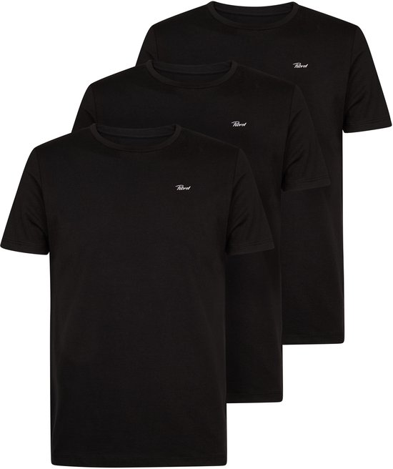 Drie zwarte regular fit T-shirts met korte mouwen en een kleine witte 'Petrol' tekst opdruk op de linkerborst.