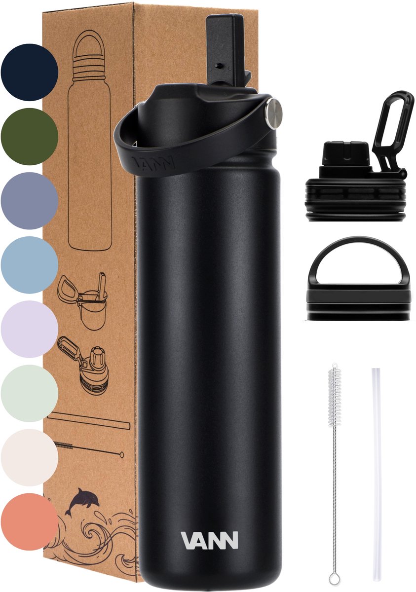 VANN® 3-Wandige Waterfles 650ML met rietje voor volwassenen – Met 5 accessoires – Bidon RVS – 24 uur koud/12 uur warm – Zwart – Ultimate Bottle™