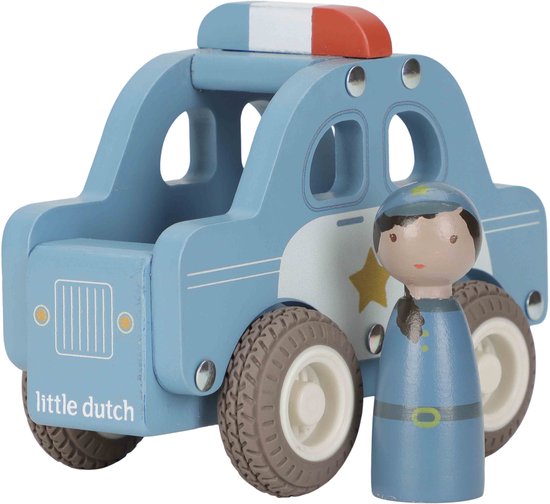 Blauwe houten politieauto met poppetje, Little Dutch logo, op witte achtergrond.