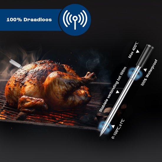 Zilveren vleesthermometer met sonde in een geroosterde kip op een BBQ.