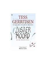 Boek "Zustermoord" van Tess Gerritsen. Gebroken glas en de tekst "Zij lijkt precies op mij."