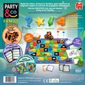Overzicht van het bordspel "Party & Co. Family" met speelbord, kaarten en inhoud.
