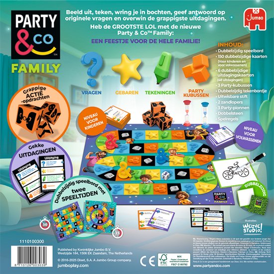 Overzicht van het bordspel "Party & Co. Family" met speelbord, kaarten en inhoud.