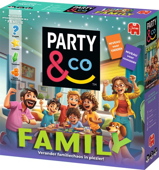 Doos van het bordspel "Party & Co. Family" met een spelende familie.