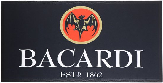Zwarte barmat met het Bacardi logo, de tekst "BACARDI" en "ESTD 1862".