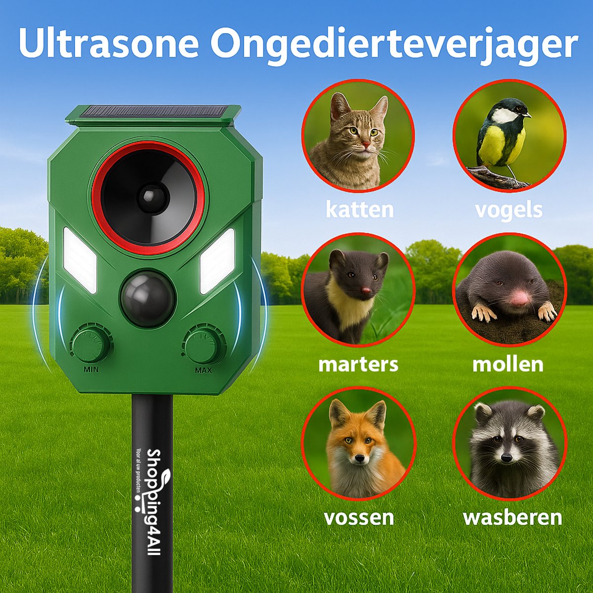Bol.com Shopping4All - Kattenverjager- Ongedierte verjager - Ultrasoon- Zonne-energie- Oplaadbaar aanbieding