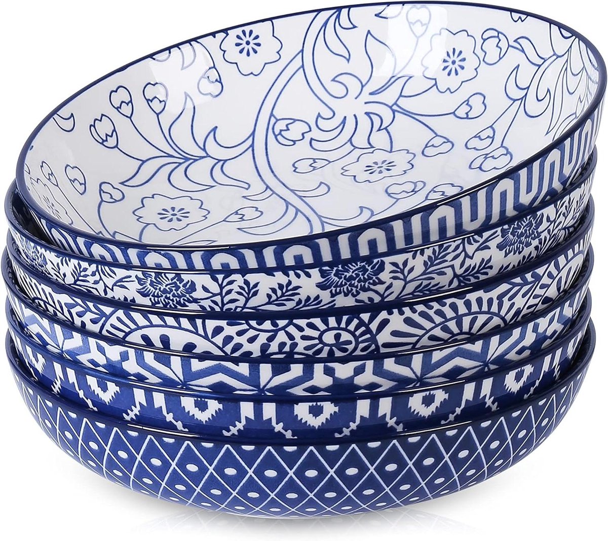 Allecto Premium - Porseleinen slakom 740 ml - Diepe soepkommen - Spaghetti borden - Magnetron en vaatwasmachinebestendig - Stapelbaar - Vintage blauw.