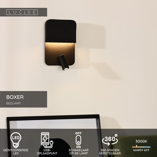 Zwarte 'Boxer' bedlamp met geïntegreerde LED, 3000K warm wit licht en een USB oplaadpunt.