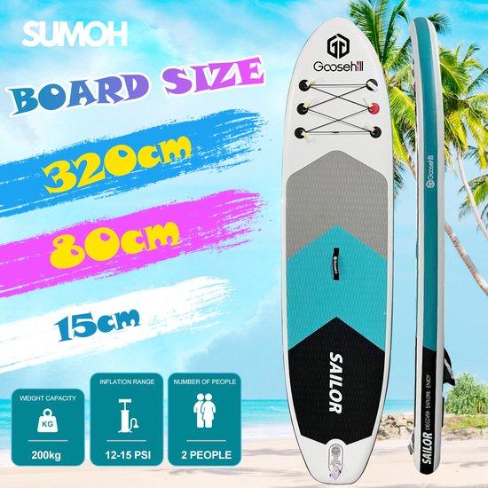 SUMOH® GOOSEH Adventure Opblaasbaar SUP Board Paddleboard – 320x80x15cm – Voor 2 Personen – Complete Set met Peddel, Pomp, Rugzak, Veiligheidslijn & Vin – Verstevigd SCE Materiaal– Tot 200kg – Inflatable Paddle Board – Cruisen, Race, Tochten, Yoga