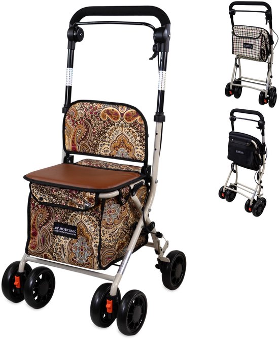 Mobiclinic Coliseo - Boodschappentrolley - Rollator - Met zitje - Inklapbare rollator - 4 wielen - Gepolsterde zitting - Boodschappen rollator - Met Remsysteem - Bruin