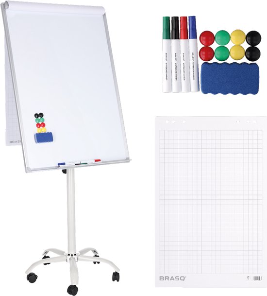 BRASQ Flipover Verrijdbaar - 70x100 cm - Verstelbaar Whiteboard - Inclusief 25 vellen papier, 4 Stiften, 8 Magneten, Wisser - Flipover met Papierklem en Haken - Magnetisch bord - Magneetbord - Wit