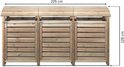 Houten containerombouw voor drie containers, met afmetingen 225 cm breed en 126 cm hoog.