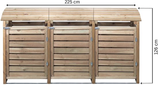 Houten containerombouw voor drie containers, met afmetingen 225 cm breed en 126 cm hoog.