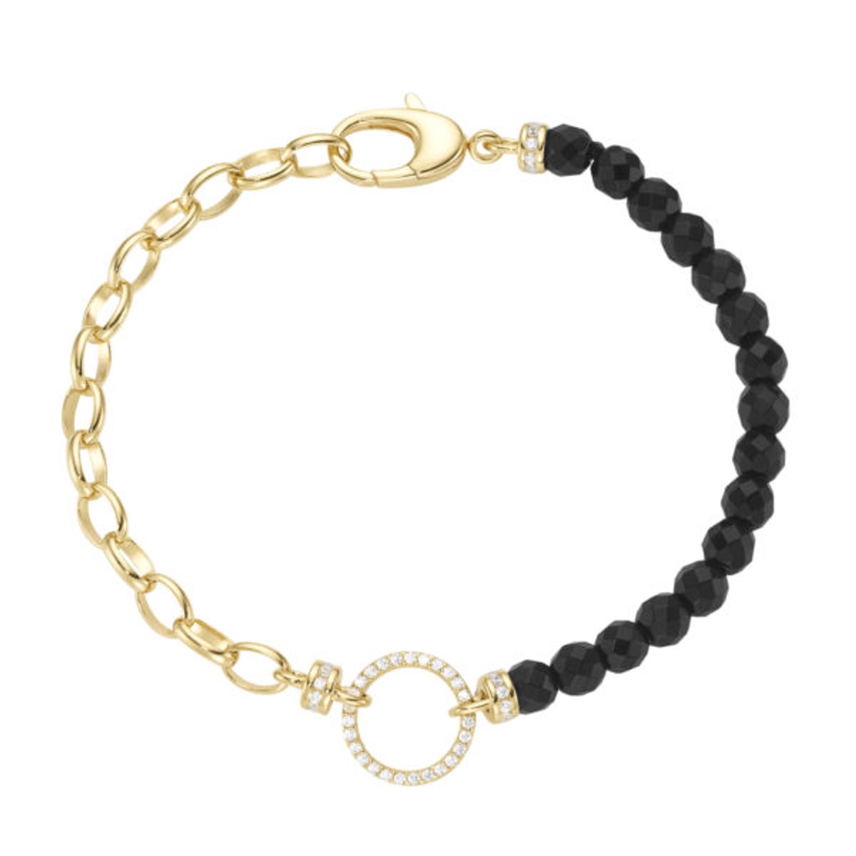 Armband 19 cm agaat bollen zwarte zirkonia wit 925/- Sterling zilver geelgoud verguld.