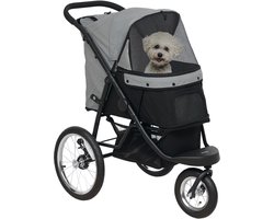 PawHut Hundewagen Jogger Hundebuggy klappbar für kleine Hunde & Katzen bis 10 kg Katzenbuggy mit 3 große Gummiräder, Kissen Netzfenstern Aufbewahrungskorb Katzenwagen mit Sicherheitsleinen, Grau