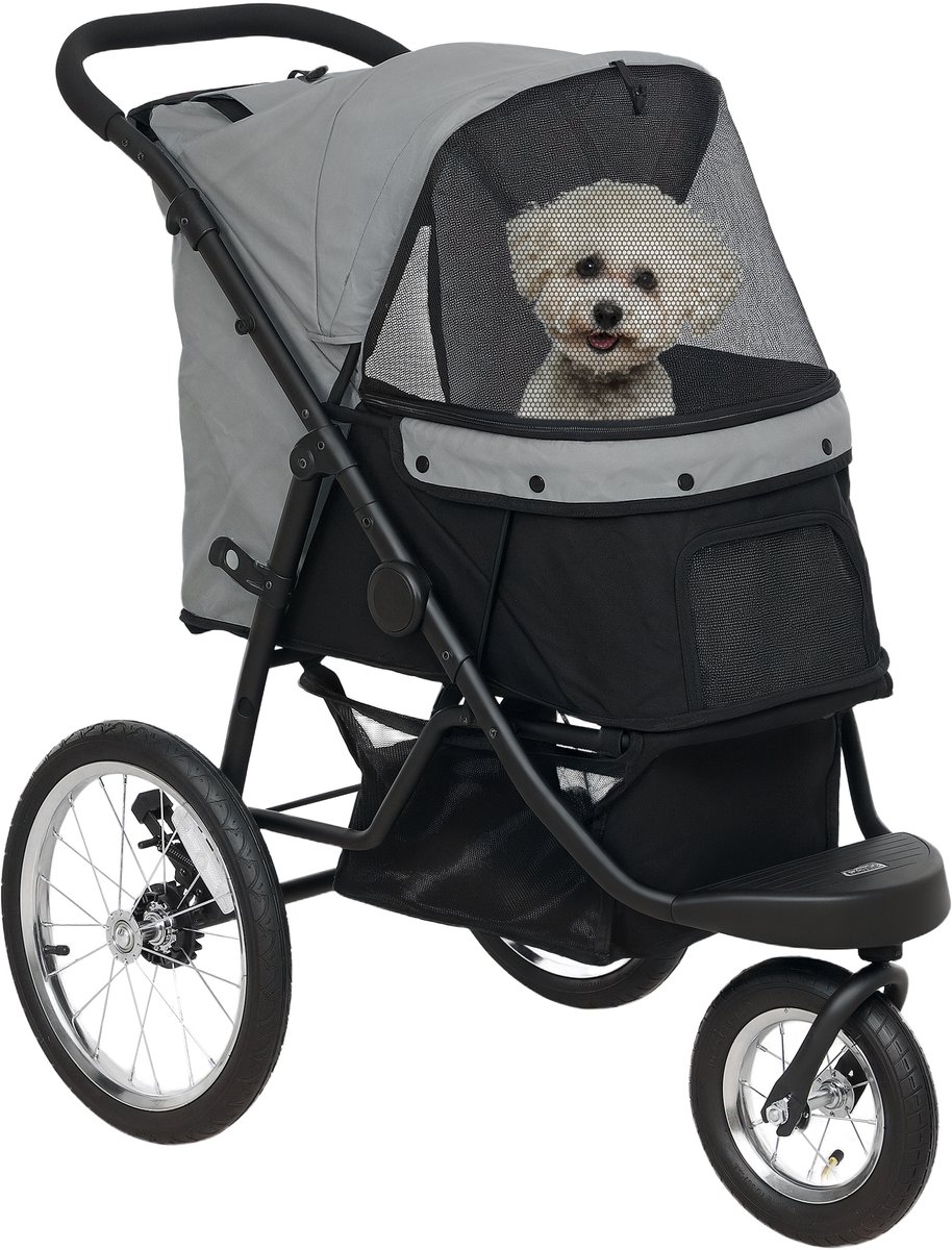 PawHut Hundewagen Jogger Hundebuggy klappbar für kleine Hunde & Katzen bis 10 kg Katzenbuggy mit 3 große Gummiräder, Kissen Netzfenstern Aufbewahrungskorb Katzenwagen mit Sicherheitsleinen, Grau