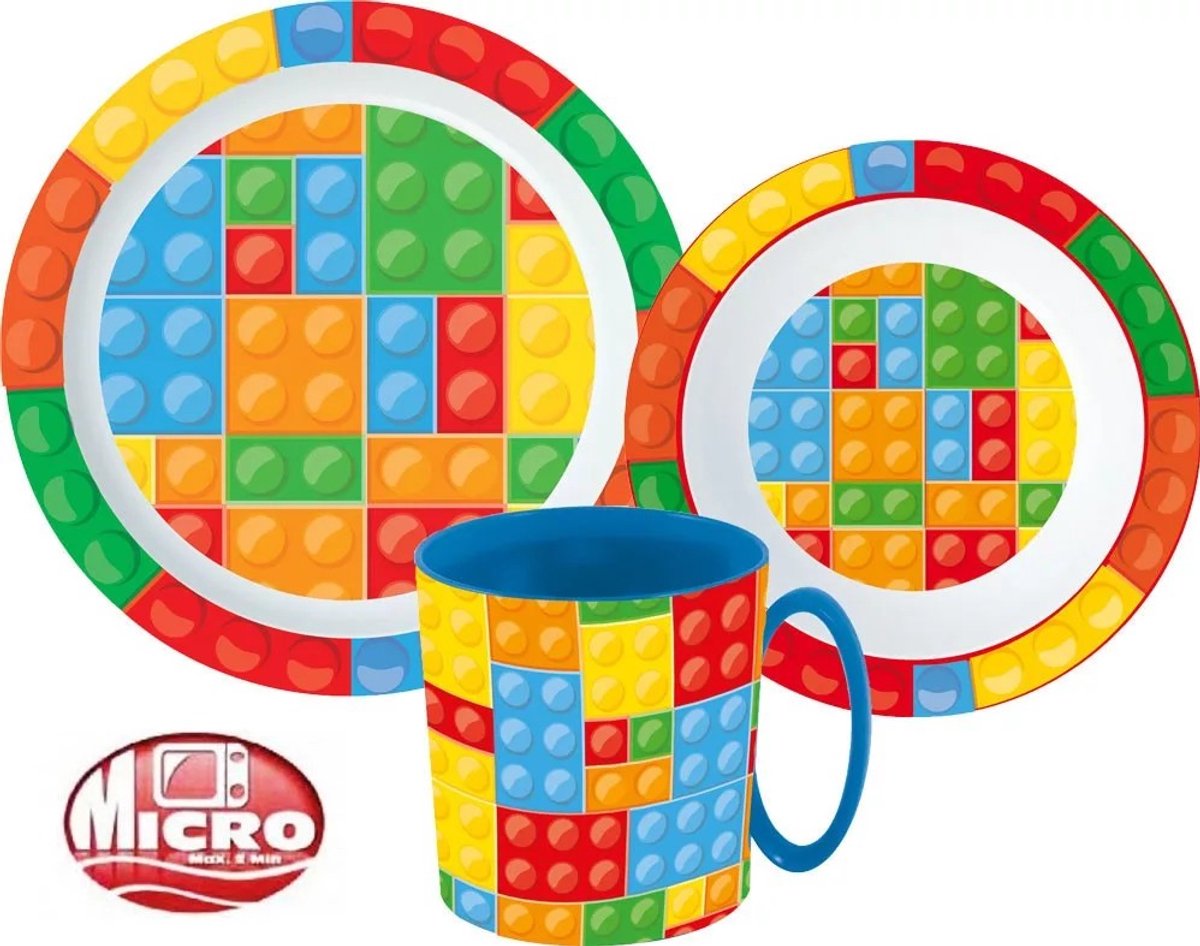 Bricks Kinderserviesset 3-Delig – Bord, Kom en Beker – BPA-Vrij – Kleurrijk Servies voor Kinderen – Bouwstenen Design