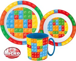 Bricks Kinderserviesset 3-Delig – Bord, Kom en Beker – BPA-Vrij – Kleurrijk Servies voor Kinderen – Bouwstenen Design